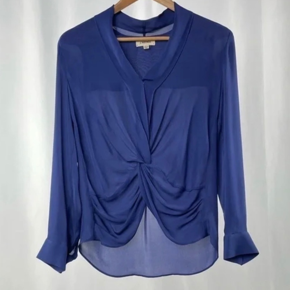 L'AGENCE Silk Long Sleeve V-Neck Knotted Blouse in Navy Size Medium